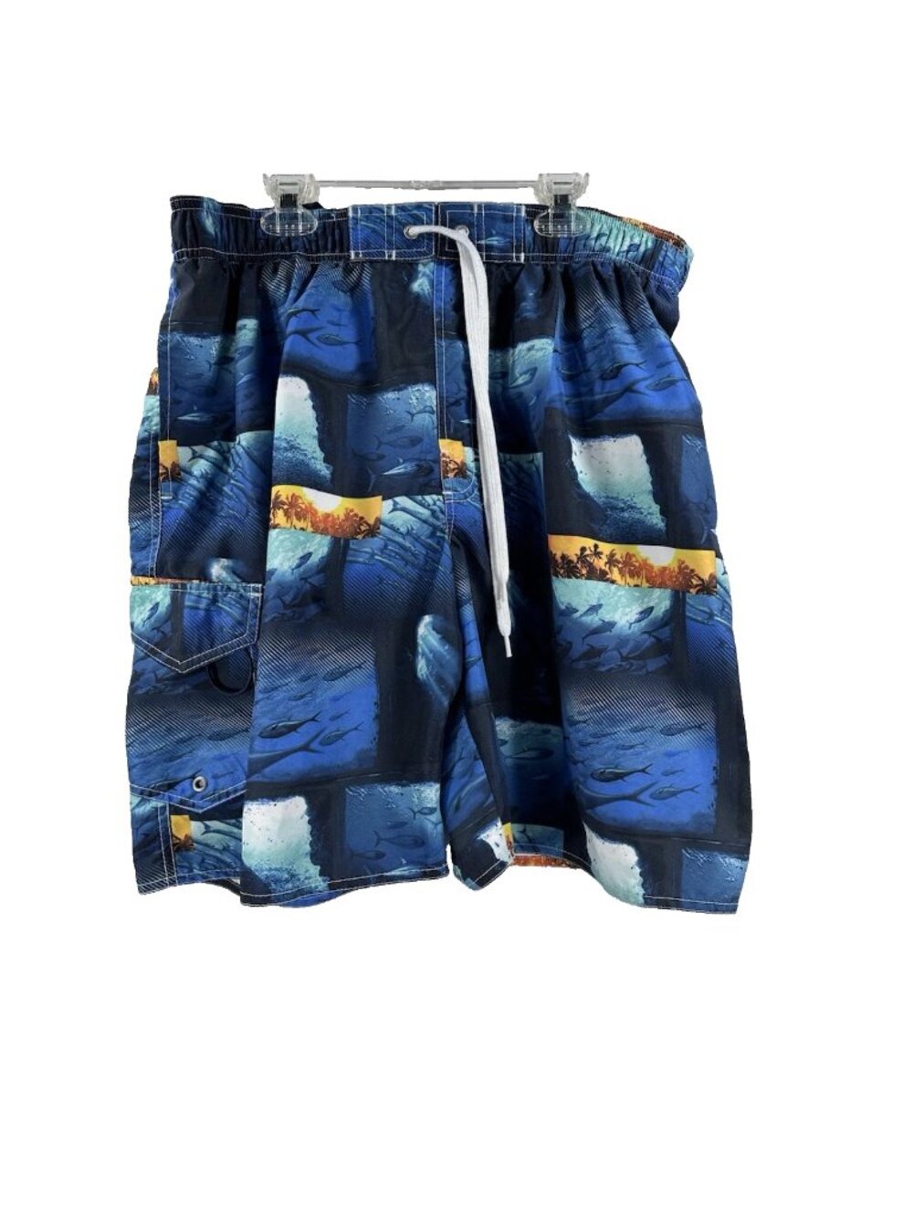 Reel Legends Men's Swimming Trunks Navy Blue Orange Palm Trees Fish Size Large